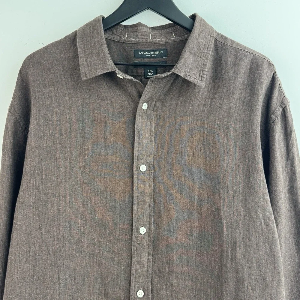 Banana Republic Linen Button Up Shirt Mens XXL Brown Untucked Fit Long Sleeve